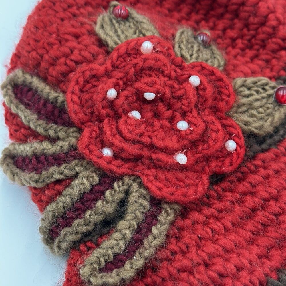 Crochet Red/Brown Knit Cloche Bucket Hat Women Winter Beanies Cap w flower Lined - Picture 2 of 10